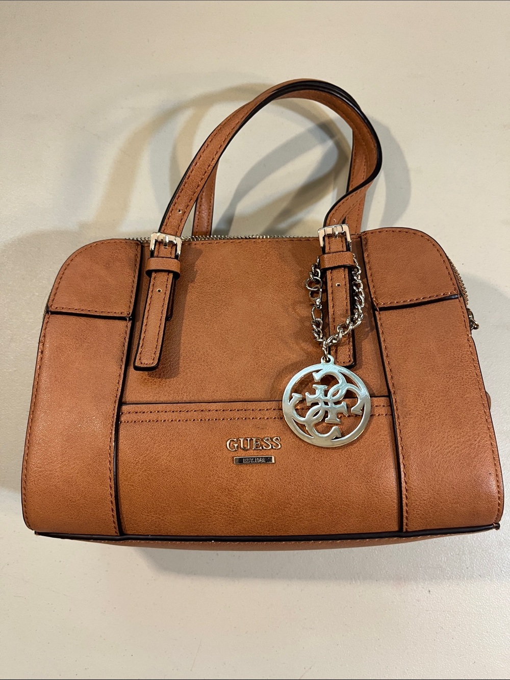 GUESS Cognac Convertible Satchel with Logo Charm